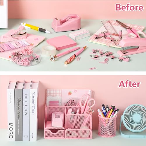 Fayoo 11 Pcs Pink Office Supplies Set Mesh Desk Organizer Accessories Kit - color: Pink