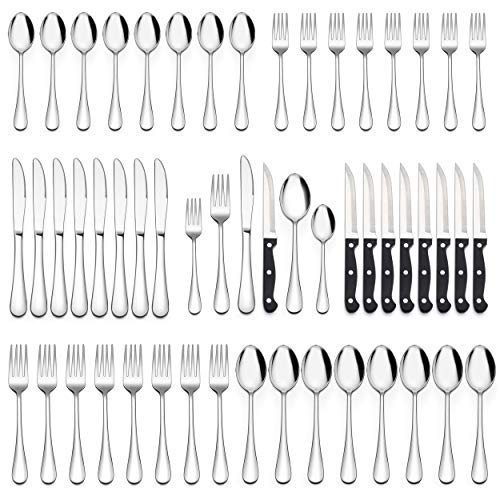 LIANYU 72Pcs Silverware Set with Steak Knives, Flatware Cutlery Set for 12 - color: Silver
