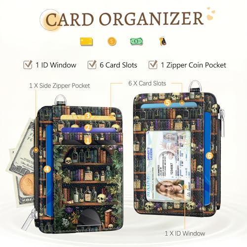 Kelvoris Credit Card Holder Small Wallet Women, Slim RFID, Goth Bookshelf - color: Book Skull