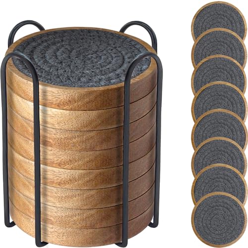 Wood Coasters for Drinks, Eykao Absorbent Coaster Sets of 8, Woven Drink Coasters for Coffee Table, Housewarming Gift for Farmhouse Home Decor,4 inches - color: Dark Grey