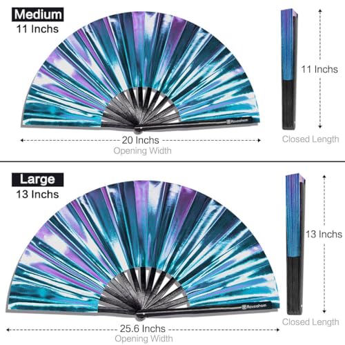 Large Rave Fan, Clack Folding Hand Fan with Premium Fabric, Thick Bamboo Frame for Men Women Gift for EDM, Festival, Club, Party, Dance, Decoration (Holographic Blue-Purple, 11") - color: Holographic Blue-purple, size: 11"