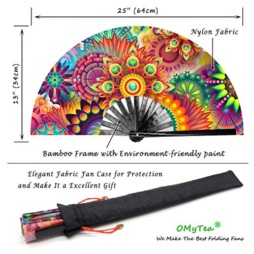 OMyTea Large Bamboo Rave Festival Folding Hand Fan for Men/Women - Chinese Japanese Handheld Fan with Fabric Case - for Electronic Dance Music Party, Performance, Decorations, Gift (Fantasy Flowers) - color: Fantasy Flowers