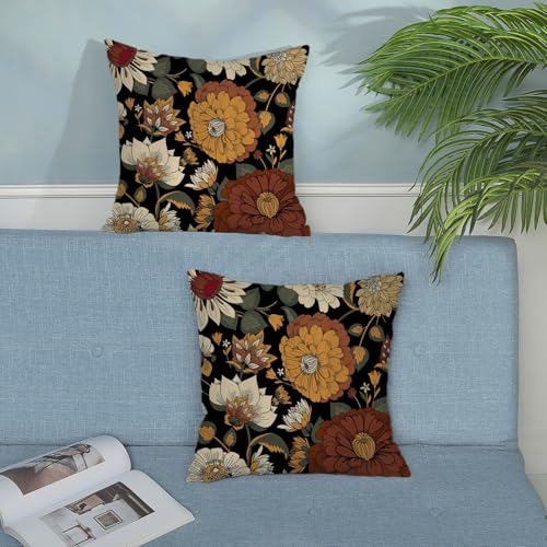 Boho Pillow Covers 18x18 Pack of 2,Vintage Black Floral Throw Pillow Cover Spring Summer Bohemian Botanical Flower Pillowcase Outdoor Decorative Linen Cushion Case for Sofa Home Decor - color: Black-b-boho Floral 1, size: 18" x 18" (Pack of 2)