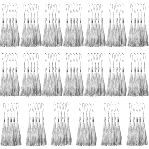 100 Pcs Silver Mini Tassels 13cm/5 Inch with Loops for Bookmarks, Jewelry Making, DIY Projects - color: Silver