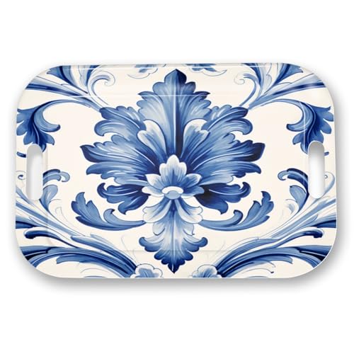 Serving Trays with Handles, 14.5 x 9.8 inch Rectangular Plastic Tray for Restaurant, Kitchen, Blue and White Pattern - color: Blue and White Pattern