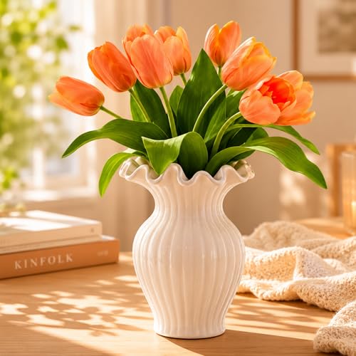 10 Stems 14 Inch Tulips Artificial Flowers Realistic Faux Flowers - color: Orange