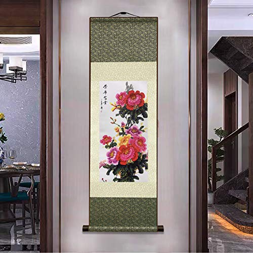 AtfArt Silk Scroll Painting, Asian Wall Art, Flower, 36.2x12in - color: C4