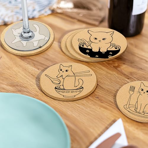 Coasters for Drinks with Holder Set of 6, Cat Cork Coaster Absorbent for Office Desk Cup Table Coasters Kitchen Decor House Warming Gifts for New Home, Round 4" - color: Cat004