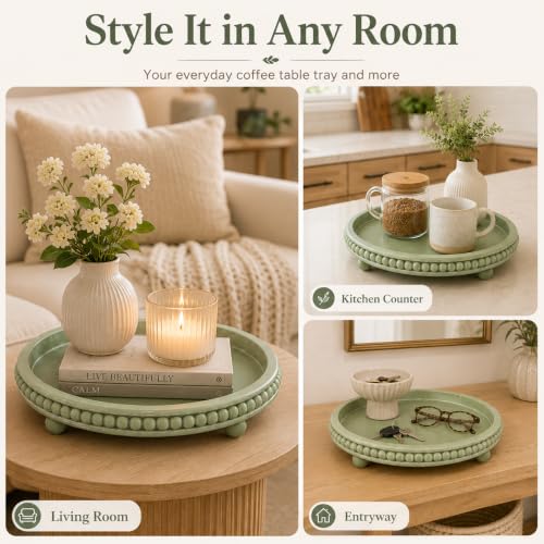 Sage Green Coffee Table Tray, 12" Round Wooden Decorative Tray - color: Sage Green