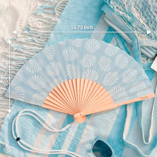 Fisura – Original Folding Fan with Seashell Print, Modern and Colourful Folding Handheld Fan, Blue Design for Wedding, Rave, Festival - Includes Strap. Size: 42.5 x 23 cm - color: Seashell, Blue