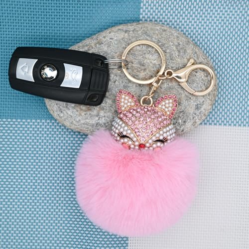 Faux Rabbit Fur Pom Pom Keychain with Fox Head - color: Pink