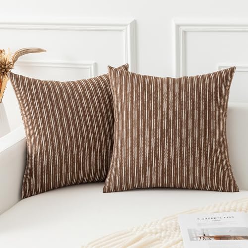 Kevin Textile Pillow Covers, Square Throw Pillow Covers Set of 2, Boho Woven Texture Linen Decorative Burlap Pillow Cases for Couch Bedroom Living Room, 18x18 inch, Brown - color: A-brown, size: 18" x 18" (Pack of 2)