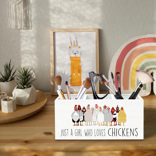Just a Girl Who Loves Chickens Pen Holder for Desk, Chicken Lover Mom Lady Gifts Pencil Organizer, Funny Farm Rooster Hen Wooden Box Sign Desk Decor for Home Office Decoration - color: CHICKENS-3size