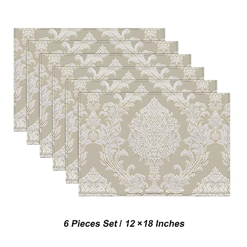 Loom and Mill Luxury Damask Jacquard Placemats Set of 6, Beige, 12x18 in - color: Beige, size: 6 Piece-12x18 inch