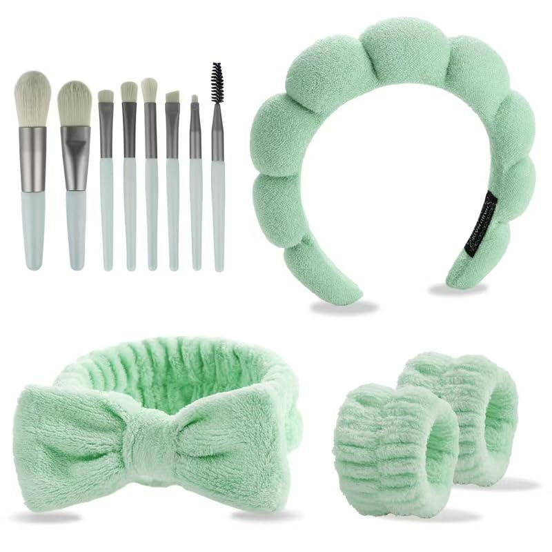 CAZYTOYZ Sponge Spa Headbands for Women Wristband Set Puffy Makeup Brush Headband Set for Washing Face Soft Towel Skin Care Head Band Cute Hair Band Shower - color: Green