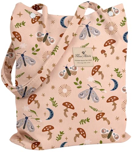 Miss Adola Corduroy Tote Bag for Women Cute Design - color: Mushroom Butterfly