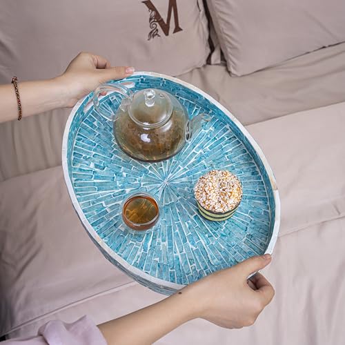 PEMAR 15.7" x 11.8" Oval Capiz Shell Serving Tray, Decorative Ottoman Tray for Living Room, Coffee Table, Breakfast in Bed, Candle Display (Teal Sunlight) - color: Teal Sunlight