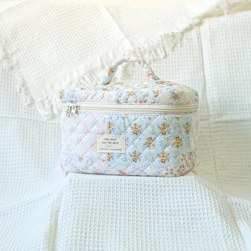 Sminra Large Travel Makeup Bag for Women, Quilted Cosmetic Case with Handle - color: Blue Floral Collage-L