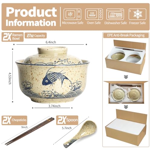 Ceramic Ramen Bowl Set of 2, Ramen Noodle Bowl with Lid 27oz Japanese Retro Style Soup, Pho, Udon Bowls, Matching Spoons and Chopsticks for Microwave & Dishwasher Safe, Fish - color: Fish, size: 2 Pcs