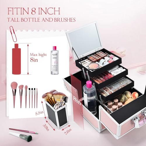 Joligrace 3-Tray Makeup Case with Mirror & Brush Holder, 11.6" Mermaid Pink - color: Pink Mermaid