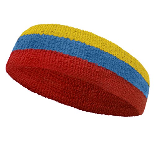 COUVER 3 Color Striped Sports Sweatband Set - color: Gold Yellow/Sky Blue/Red
