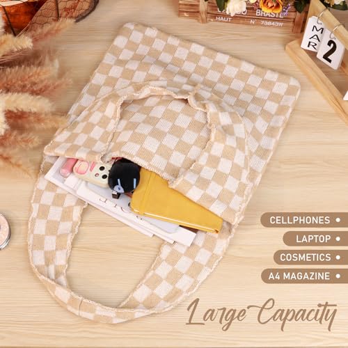 hatisan Crochet Bag for Women, Handmade Knit Beach Tote Bag Summer - color: Khaki Checkered-a