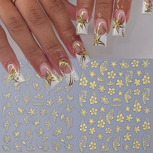 Flower Nail Stickers for Nail Art 12PCS Hibiscus Flowers Nail Decals 3D Self-Adhesive Tropical Nail Art Designs Pink Gold Petals Butterfly Sliders Summer Manicure Decoration DIY Supplies for Women - style: Hibiscus Flowers