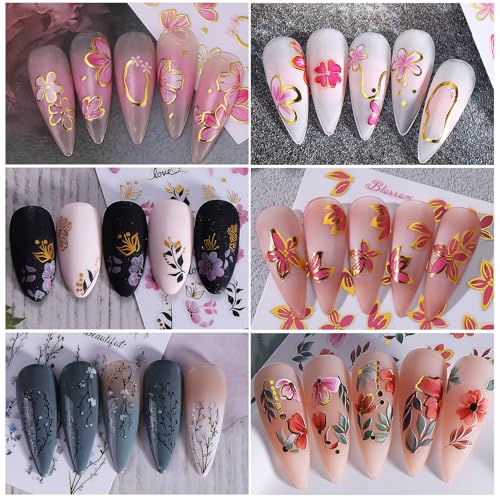 Flower Nail Stickers for Nail Art 12PCS 3D Self-Adhesive Nail Decals with Tweezers Floral Leaf Line Designs Manicure Decoration Spring DIY Charming Flowers Nails Supplies for Women - style: Flower Styles-02