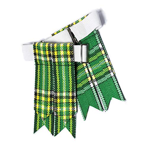 Kilt Flashes for Men with Heavy Buckle Adjusters, Plain & Tartan Kilt Sock Flashes. - color: Irish Green 007flbu