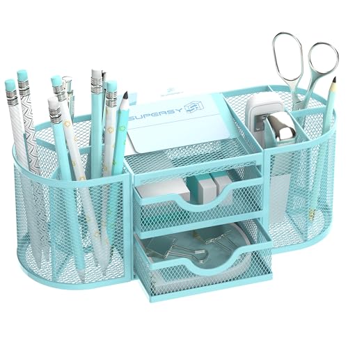 SUPEASY Mesh Desk Organizer, Pen Holder for Desk with 2 Drawers, Blue - color: Baby Blue