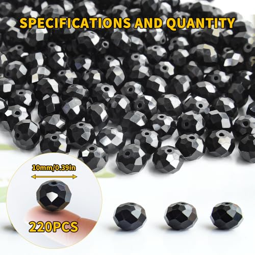220 Pcs 10mm Round Crystal Glass Beads for DIY Jewelry, Ideal for Bracelets, Necklaces, Pendants, and Handmade Craft Projects(Black) - color: Black, size: 10mm 220pcs