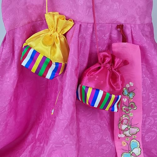 Seoulful Vintage Korean Bokjumeoni Lucky Pouches - 5-Piece Set with Saekdong Stripes and Flat Bottom Design - Traditional Korean Color Block Hanbok New Year & Chuseok Gift Bag