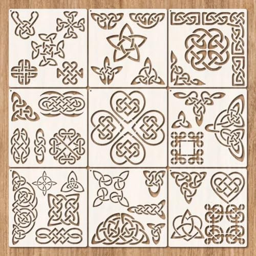 9-Pack Celtic Knot Stencils for Painting on Wood- 8x8 Inch Reusable Drawing Templates for Wood Painting, Wall Art, Baking Decor & DIY Crafts, Traditional Interlace Pattern Designs - color: White
