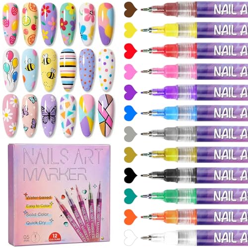 Biutee 12 Colors Nail Art Pens Set for Painting Nails 0.5 mm Fine Tip 3D - color: MulticolorA
