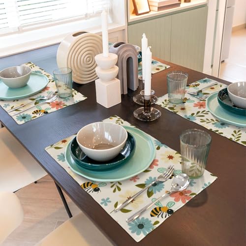 Pink and Blue Flower Bee Placemats Set of 4 12x18 Inch - color: Colorful, size: Set of 4