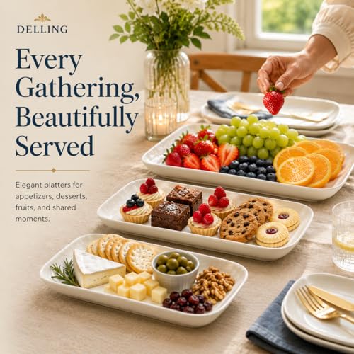 DELLING Large Serving Platter Set of 3, 16/14/12 Inch Porcelain Serving Trays for Party - White Ceramic Rectangular Platters for Entertaining, Appetizer Fruit Tray for Gethering Shower Dinner - color: White, size: 16 x 9.5 inch, 14 x 8.1 inch, 12 x 7.1 in