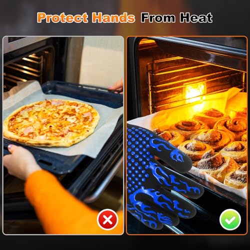 M METERXITY 1-Pair BBQ Gloves, 1472°F Heat Resistant Non-Slip Grilling Oven Gloves for Barbecue/Baking/Cooking, with Storage Bag [Flame Pattern L, Blue] - color: Blue