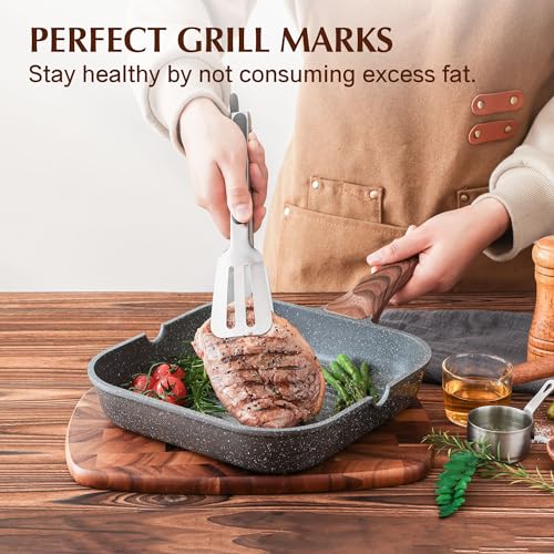 SENSARTE Nonstick Grill Pan with Lid, Grill Pan for Stove Tops, Versatile Griddle with Pour Spouts, Square Big Cooking Surface, Durable Skillet Indoor & Outdoor Grilling. PFOA Free, 12Inch - color: Gray Granite, size: 12 Inch