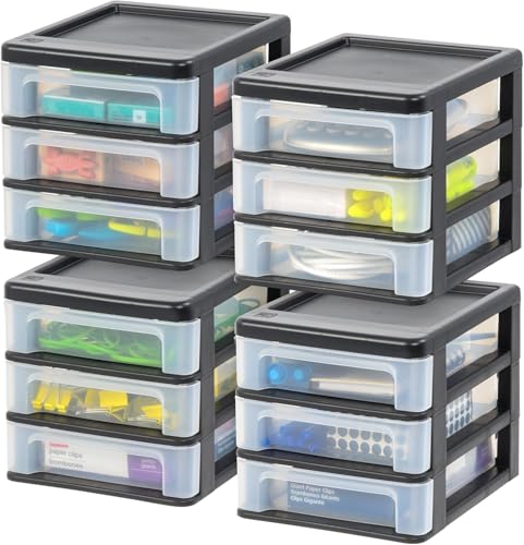 IRIS USA 4-Pack, 3-Drawer Small Plastic Stacking Desktop Organizer, Black - color: Black, style: Small - 4 Pack