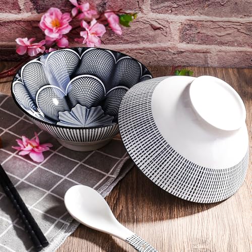 Ceramic Ramen Bowl Set of 2, 7'' Large Soup Bowls, Black