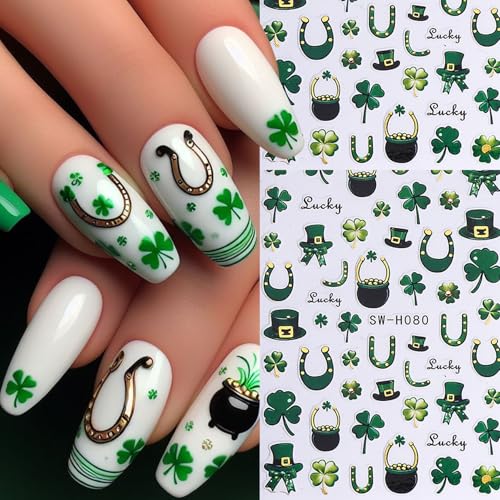 11 PCS St. Patrick's Day Nail Art Stickers 3D Self-Adhesive Green Shamrock Nail Decals Green Leaf Shape Clover Sticker DIY Spring Holographic Designs Manicure Decoration Nail Supplies for Women - style: Green Leaves