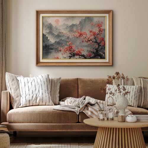 MUDECOR Premium Framed Wall Art Red Plum Blossom Chinese Ink Mountain Illustrations Impressionism Scenic Colorful for Living Room, Bedroom, Office - 26"x36" Natural - color: B11-2606-EDW06, size: 36"L x 26"W, style: Premium Natural Frame
