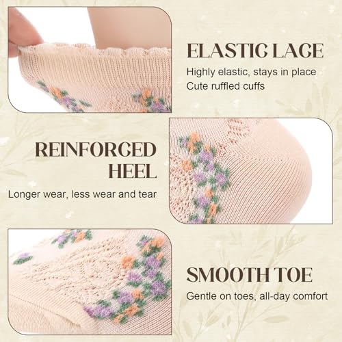 6 Pack Women's Ruffle Socks Cute Frilly Socks Vintage Floral Heart Cherry Pattern Cotton Breathable