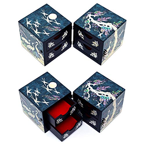 MADDesign Mother of Pearl Twin Cubes Jewelry Box Crane Pine Tree Blue - color: Blue