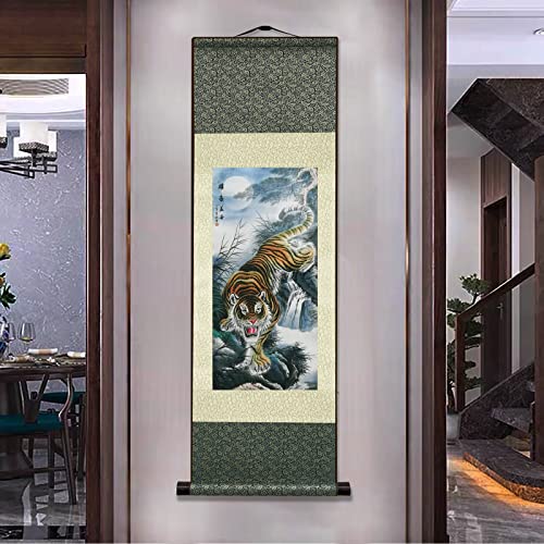 AtfArt Silk Scroll Painting, Asian Wall Art, Tiger, 36.2x12in - color: B6