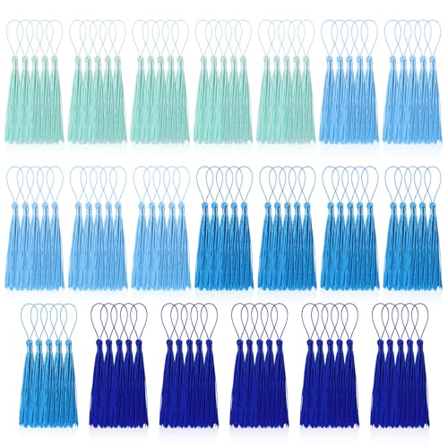 100 Pcs Bookmark Tassels Bulk Blue Series Soft Craft Silky Handmade Mini Tassels for Jewelry Making with Loops for DIY Craft Accessory Dress Decoration - color: Blue Series