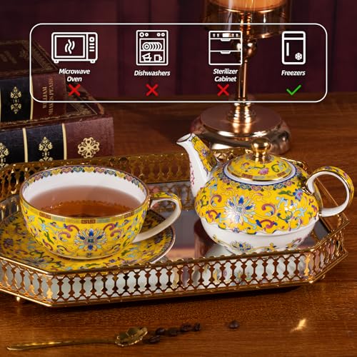 KAMMAK Tea for One Set, Ceramic Teapot, Bone China Tea Set, Cup and Saucer - color: Yellow