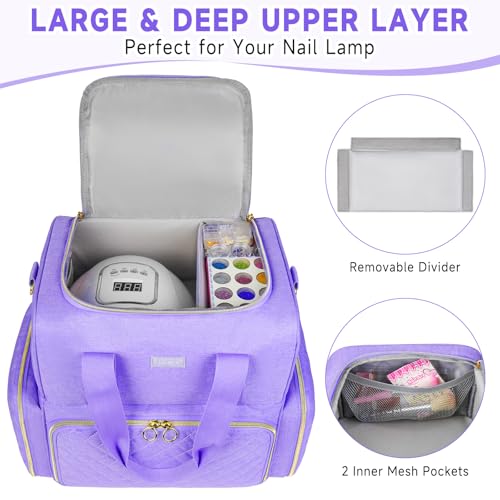 Nail Polish Organizer Holds 80+ Bottles,Nail Polish Carrying Case with 2 Removable Bags,Nail Organizers and Storage for Nail Tech,Portable Nail Supplies Holder,Mother Day Gift for Women Grils,Purple - color: Purple