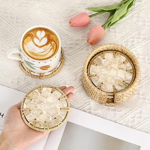 Coastal Coasters Set of 6, Boho Coaster Set with Holder, Fish Scale - style: Fish Scale