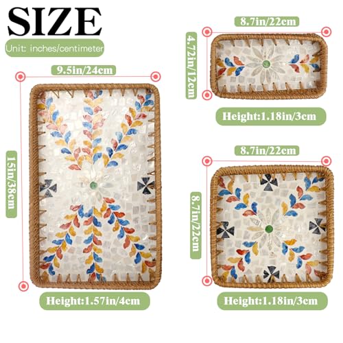 Rectangle Rattan Serving Tray with Mother of Pearl Inlay, Handmade Wicker Coffee Table Basket for Fruit Bread Food Tea Party Picnic Table Kitchen Home Boho Decor 3 Sizes (Moroccan Blossoms) - color: Moroccan Blossoms